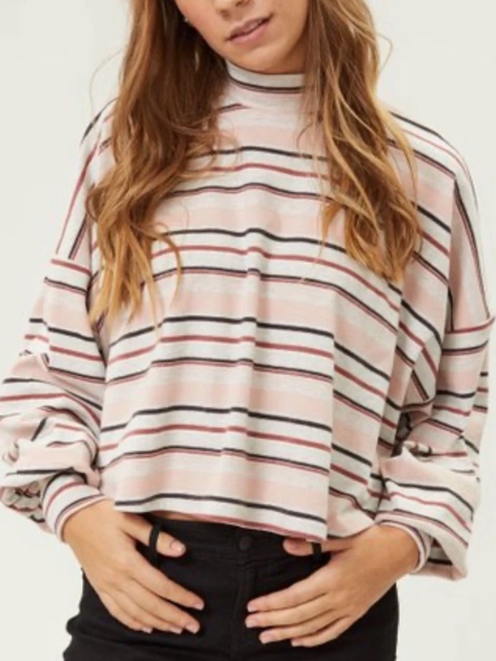 Free People- Striped Oversized Mock Neck Cropped top- size M